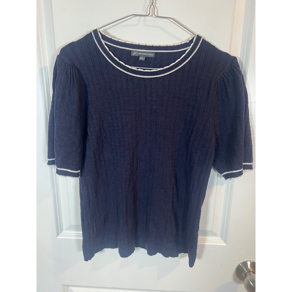 Adrianna Papell Womens Sweater Top Cable Knit Puff Sleeve Navy Blue Size M